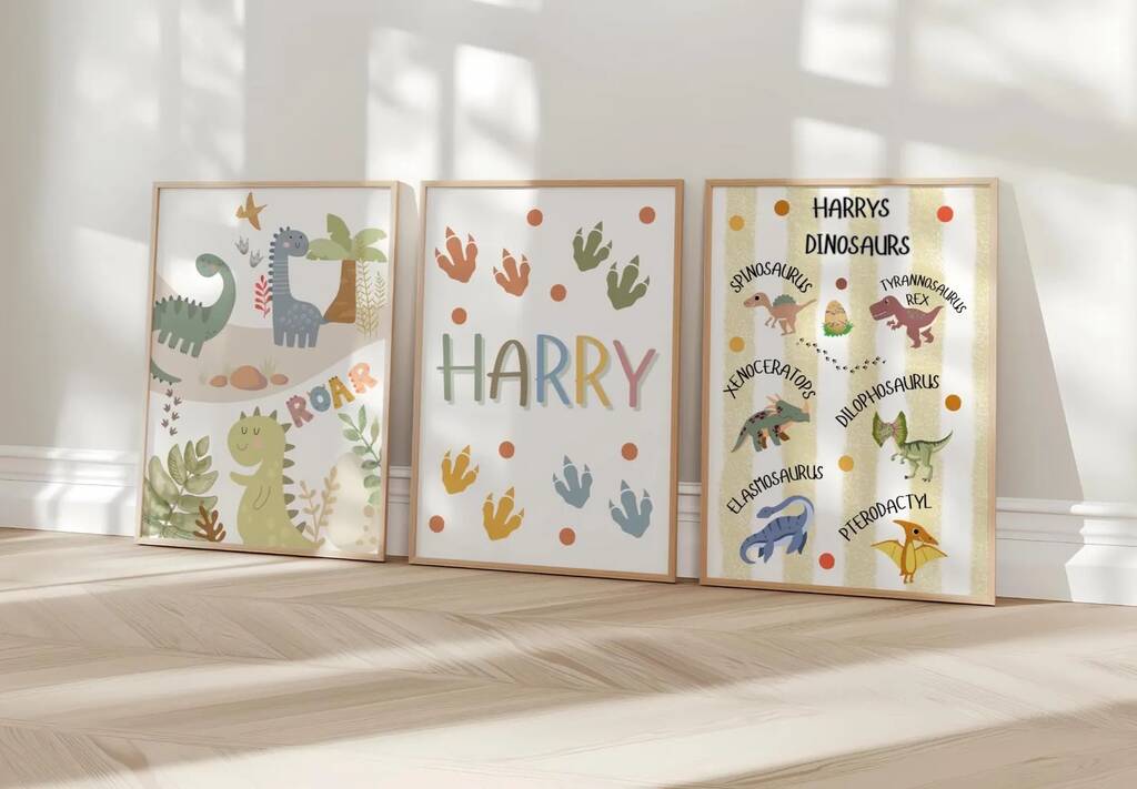 Childrens Personalised Dinosaur Print Set For Bedroom Or Nursery, 1 of 4
