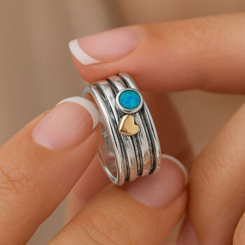 Personalised Sterling Silver Blue Opal Heart Spinner Ring, 2 of 9