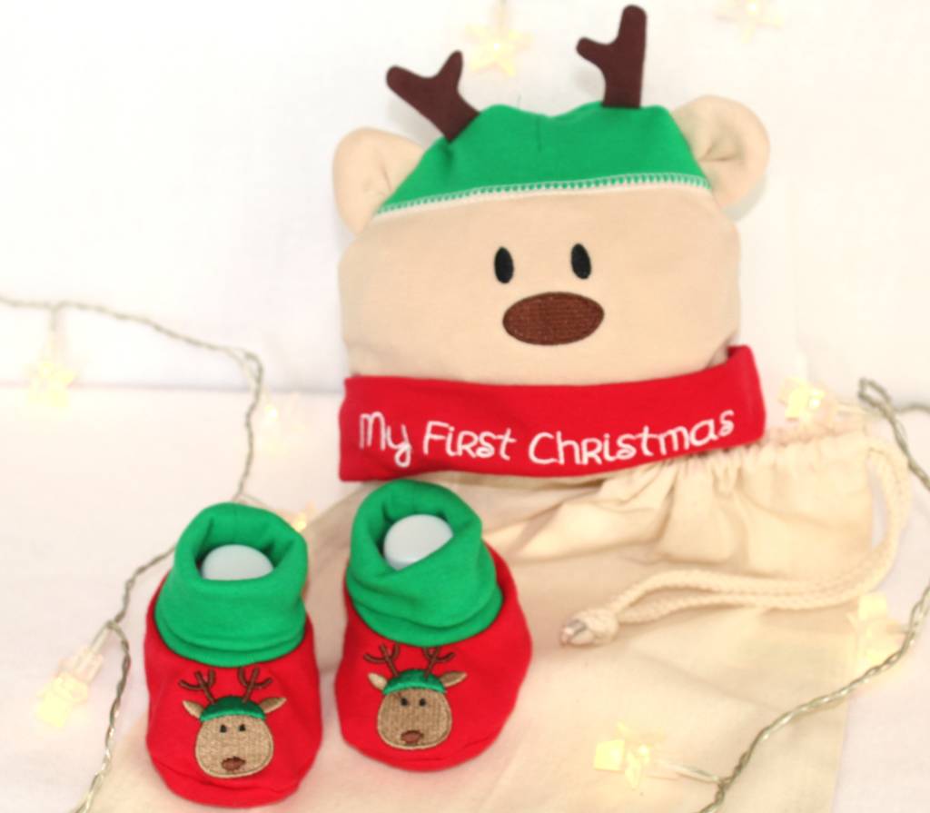 Baby's First Christmas Reindeer Hat And Booties Gift, 1 of 4