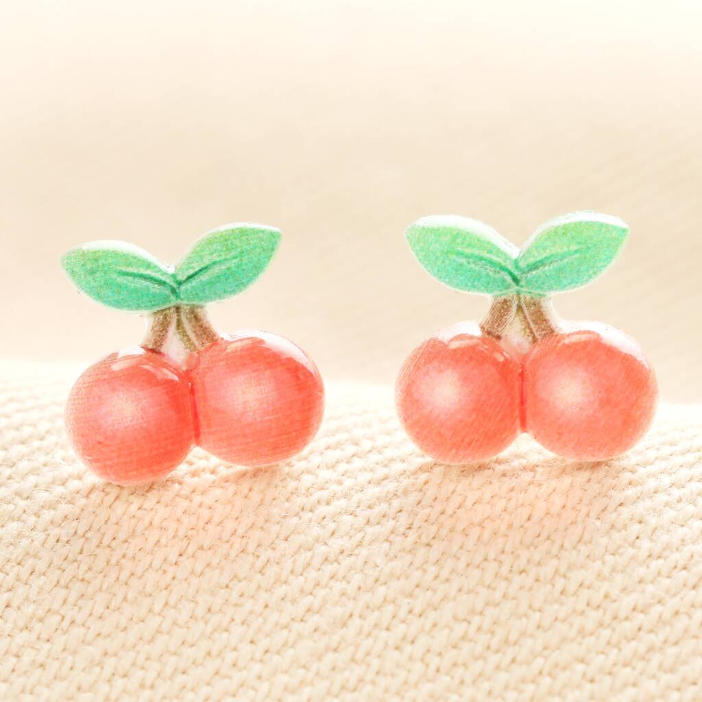 Enamel Red Cherry Stud Earrings