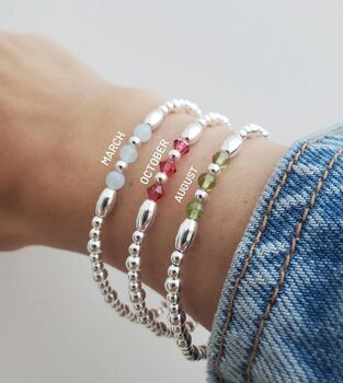 Sterling Silver Birthstone Bracelet: Elastic Beaded Birth Month Gemstone Jewellery, 3 of 9