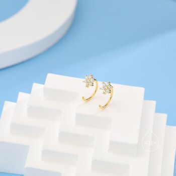 Sterling Silver Clear Cz Flower Huggie Hoop Earrings, 5 of 12