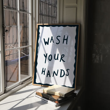 Wash Your Hands Dark Blue Bathroom Hand Painted Print, 6 of 7