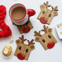 Set Of Four Wooden Reindeer Christmas Coasters, thumbnail 1 of 8