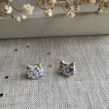 Blue Floral Ceramic Cat Earrings Vintage Blue, 6 of 8