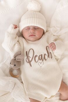 3pcs Embroidered Personalised Romper, Hat And Bootie Set, Perfect Baby Gift, 5 of 8