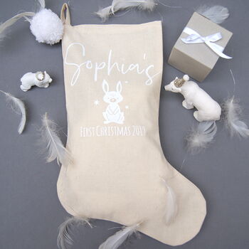 First Christmas Personalised Winter Rabbit Stocking, 2 of 10