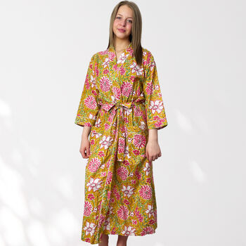 Yellow Floral Print Cotton Dressing Gown Kimono, 3 of 7