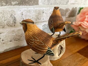 Hand Carved Wooden Wren Ornament Garden Bird Figurine, 9 of 10