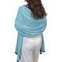 Aqua Blue Accent Border 00% Cashmere Travel Wrap Shawl Gift Boxed, thumbnail 8 of 10