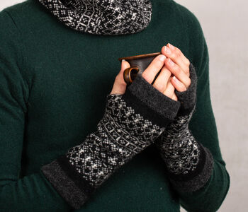 Grey Knitted Fair Isle Wrist Warmers Soft Lambswool, 8 of 11