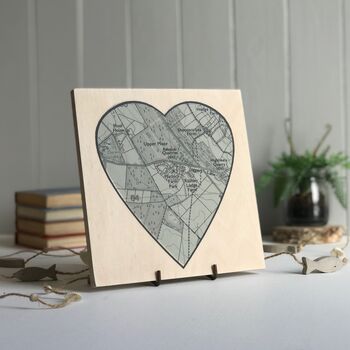 Heart Shaped Map Printed On Wood For 5th Wedding, 4 of 11