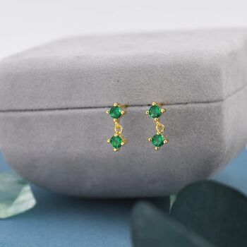 Tiny Emerald Green Double Cz Dangle Stud Earrings, 3 of 10