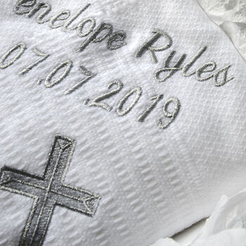 Personalised Baby Christening Silver Embroidered Shawl, 5 of 10