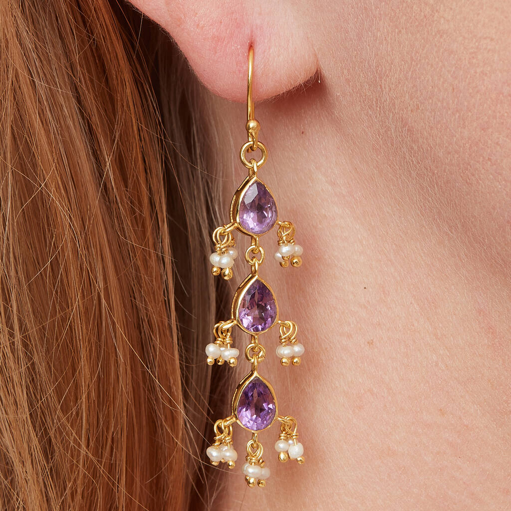Amethyst Seed Pearl Gold Plated Silver Drop Earrings, 1 of 11