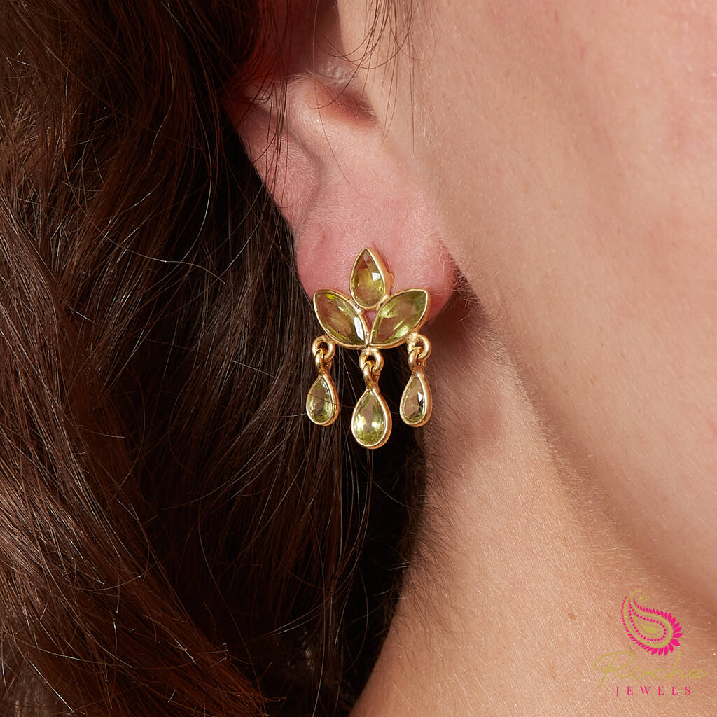 Green Peridot Lotus Flower Stud Drop Earrings, 1 of 9