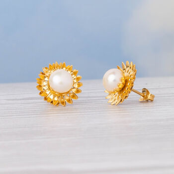 Sunflower Stud Earrings With Pearls, 4 of 10