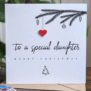 Personalised Christmas Card For Daughter, Handmade Card With Red Wooden Heart, 3 of 4