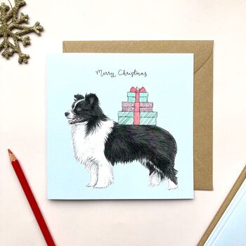 Carte De Noël Border Collie - Style Midcentury Moderne - 17,5x12,5 Cm, Papier Premium Avec Enveloppe