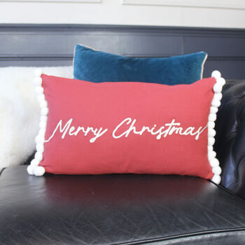 Personalised Red Merry Christmas Cushion With Pom Poms, 2 of 2