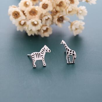 Mismatched Zebra And Giraffe Stud Earrings In Sterling Silver, 2 of 11