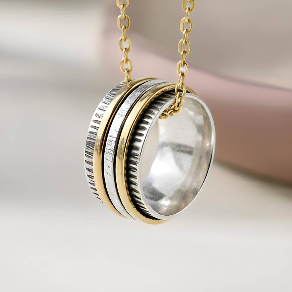 Oxidised Sterling Silver Fidget Spinner Ring With Golden Bands, 1 of 9