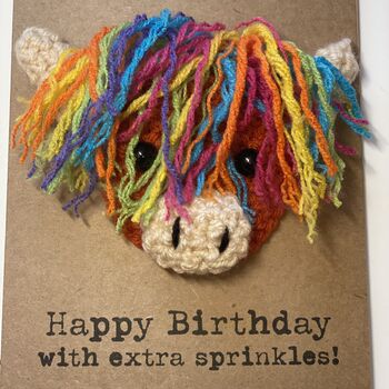 Rainbow Highland Cow Crochet Birthday Card Handmade Sprinkles, 5 of 7