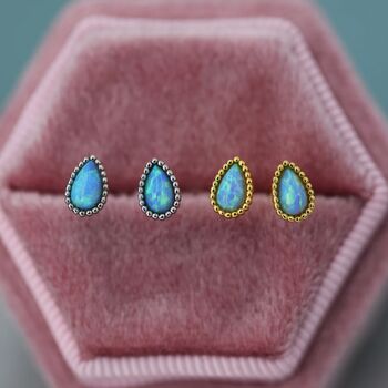 Sterling Silver Blue Opal Droplet Stud Earrings, 4 of 12