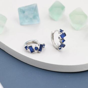 Sapphire Blue Cz Baguette Huggie Hoop Earrings, 3 of 11