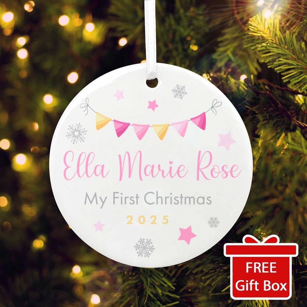 My First Christmas Baby Girl Garland Ceramic Disc Hanging Decoration Bauble + Gift Box, 1 of 6