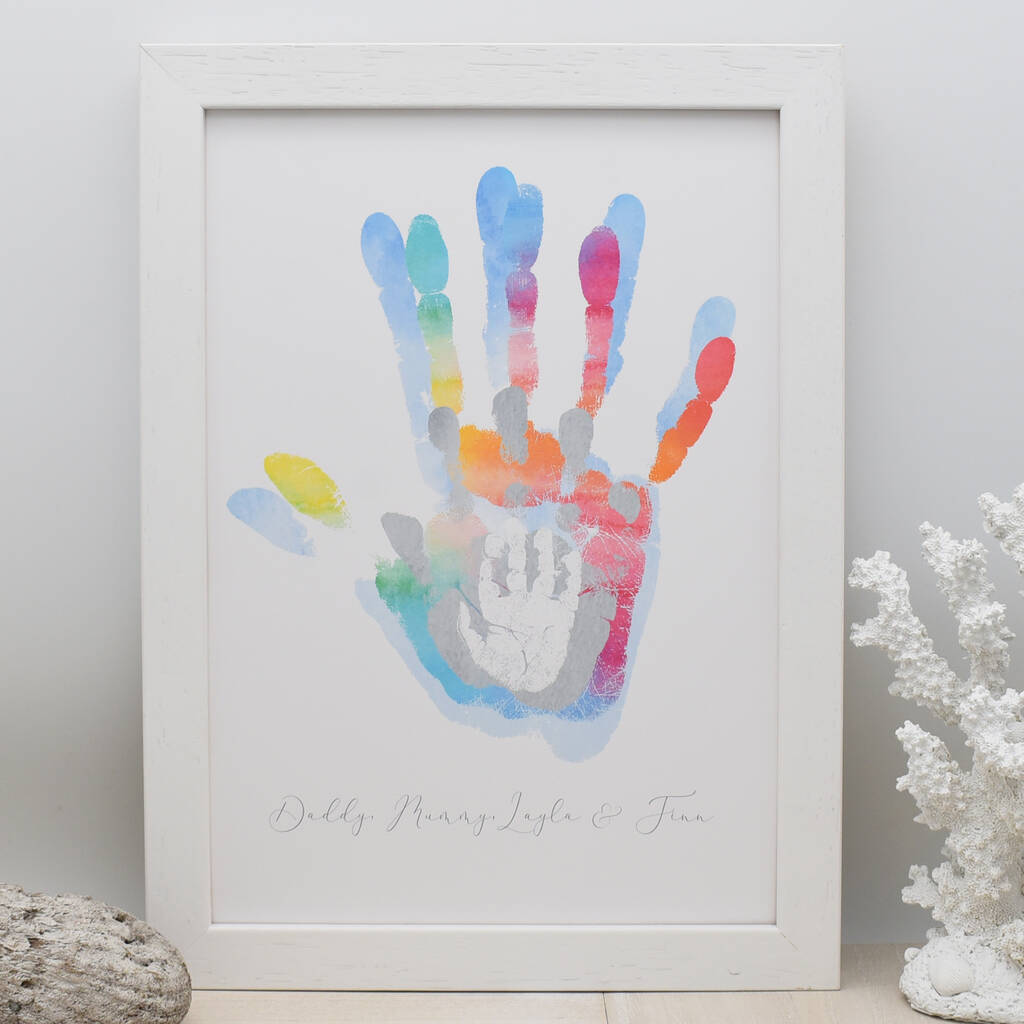 Personalised Child and Parent Rainbow Family Handprint Art - Hold upon Heart