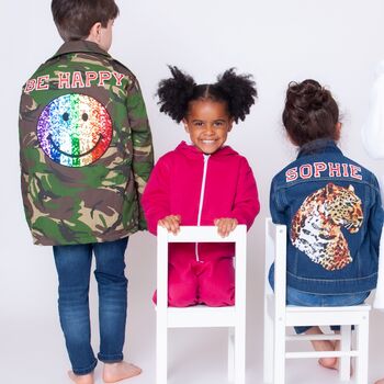 Personalised Kids Denim Jacket With Sequin Leopard, 8 of 8