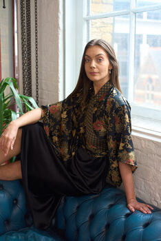 Black Batik Silk Blend Luxury Festival Wrap Top, 5 of 5