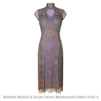Bespoke Lace Bridesmaid Dresses In Bronze And Violet, 6 of 7