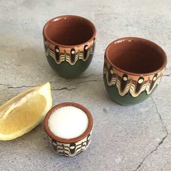 Pair Of Tequila Stoneware Shot Glasses In Green Colour, 5 of 6