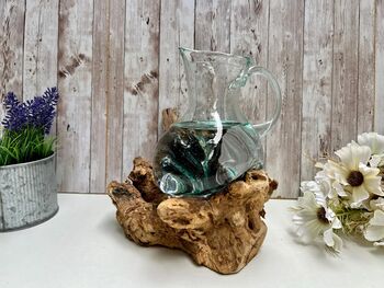 Melted Glass Jug On Driftwood Handcrafted Glass Vase, 5 of 9