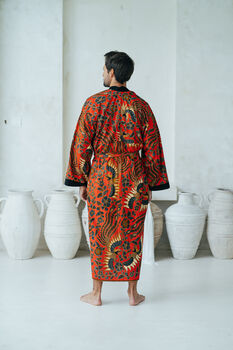 Red Men's Full Length Batik Kimono Robe, 4 of 6