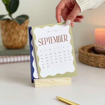 2025 Wavy Desk Calendar With Wooden Holder, 9 of 10