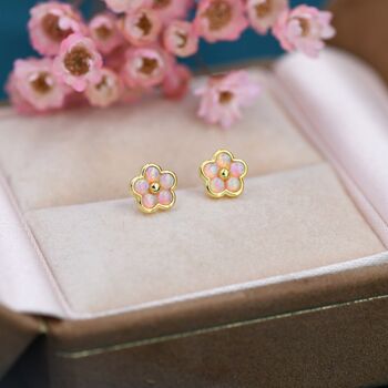Pink Opal Flower Stud Earrings Sterling Silver, 5 of 12