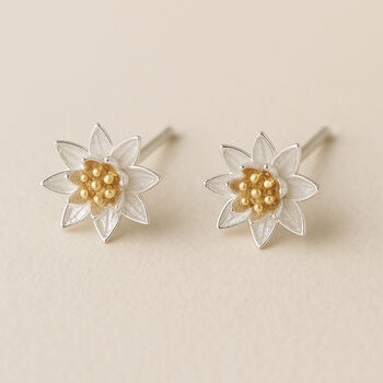 Sterling Silver July Birth Flower Lotus Water Lily Stud Earrings, 3 of 5