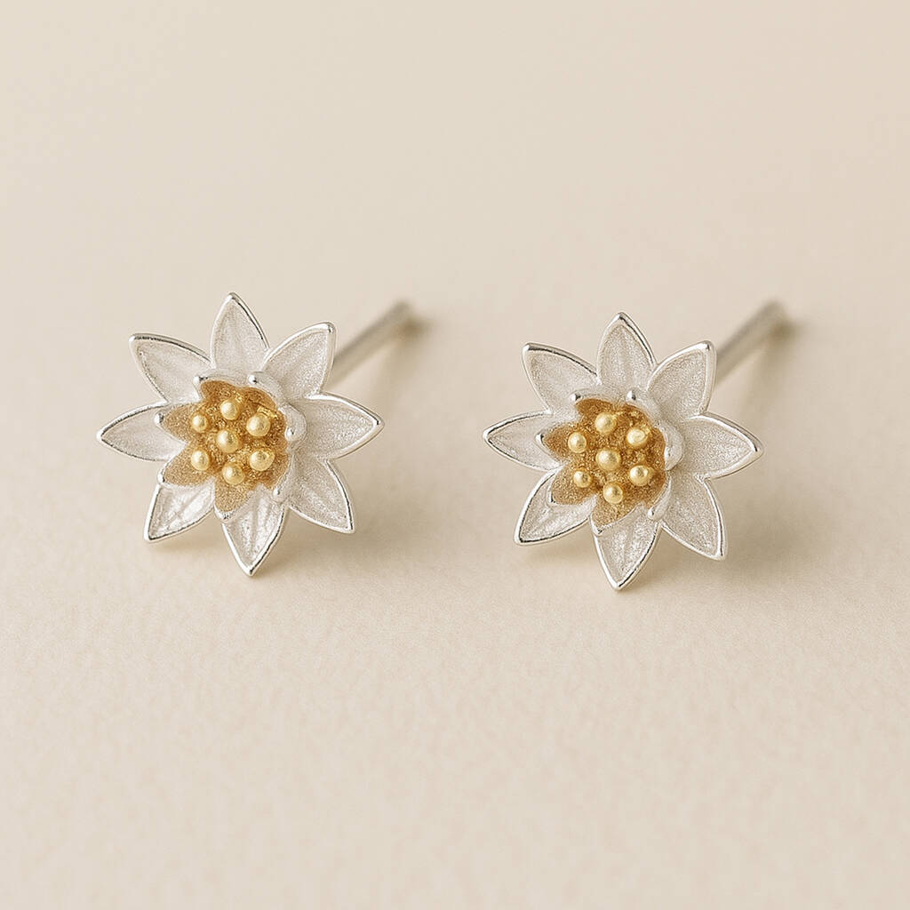 Sterling Silver July Birth Flower Lotus Water Lily Stud Earrings, 1 of 4