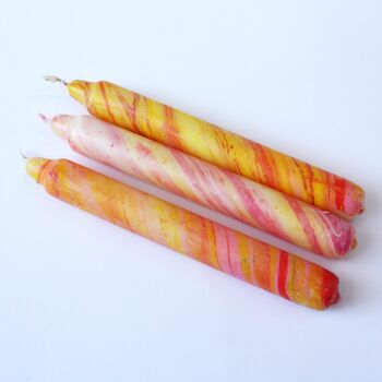 Handmade Marble Dyed Dinner Candles Yellow Red Sunsets, 4 of 7