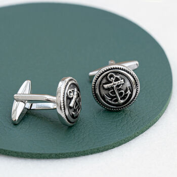 Fouled Anchor Rhodium Plated Round Cufflinks, 6 of 6