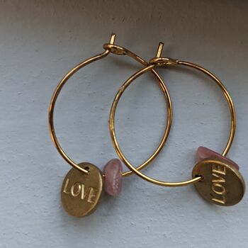 Gold Love Charm Rose Quartz Hoop Bridesmaid Earrings, 2 of 6