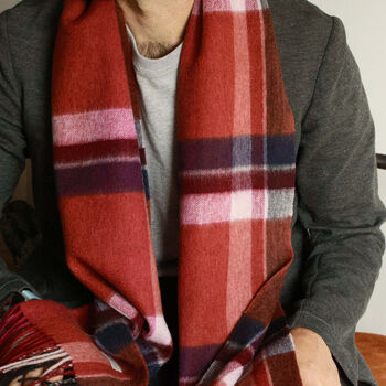 Men's Red Check Wool And Cashmere Blend Scarf, 6 of 12