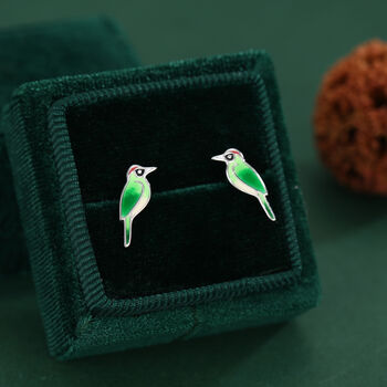 Sterling Silver Green Woodpecker Enamel Stud Earrings, 3 of 11