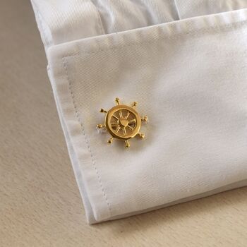 Ship Wheel Gold Cufflinks Gift For Men 316 L Stainless Steel Nautical Accessory, 4 of 5