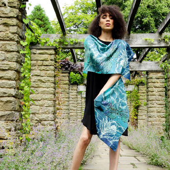 Dragonfly Lily Long Floral Silk Scarf In Teal And Blue, 2 of 6