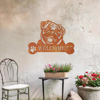 Custom Pug Welcome Metal Wall Art Sign For Home And Garden Gift, 7 of 11