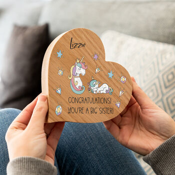 Personalised Oak Heart Unicorn Congratulations You're A Big Sister Gift, 2 of 4